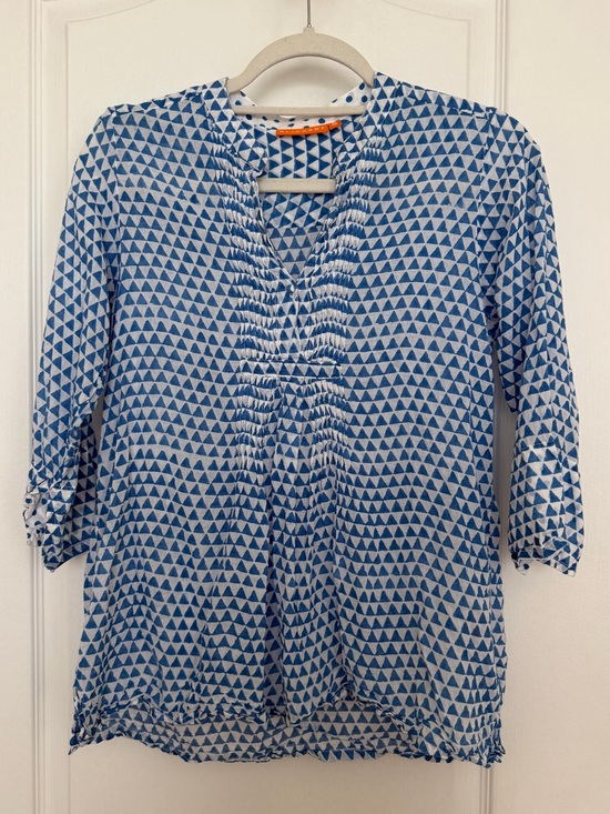 Oliphant Tops - Oliphant Blue & White Geometric 100% Cotton  Pintuck Women’s Tunic Top sz Small